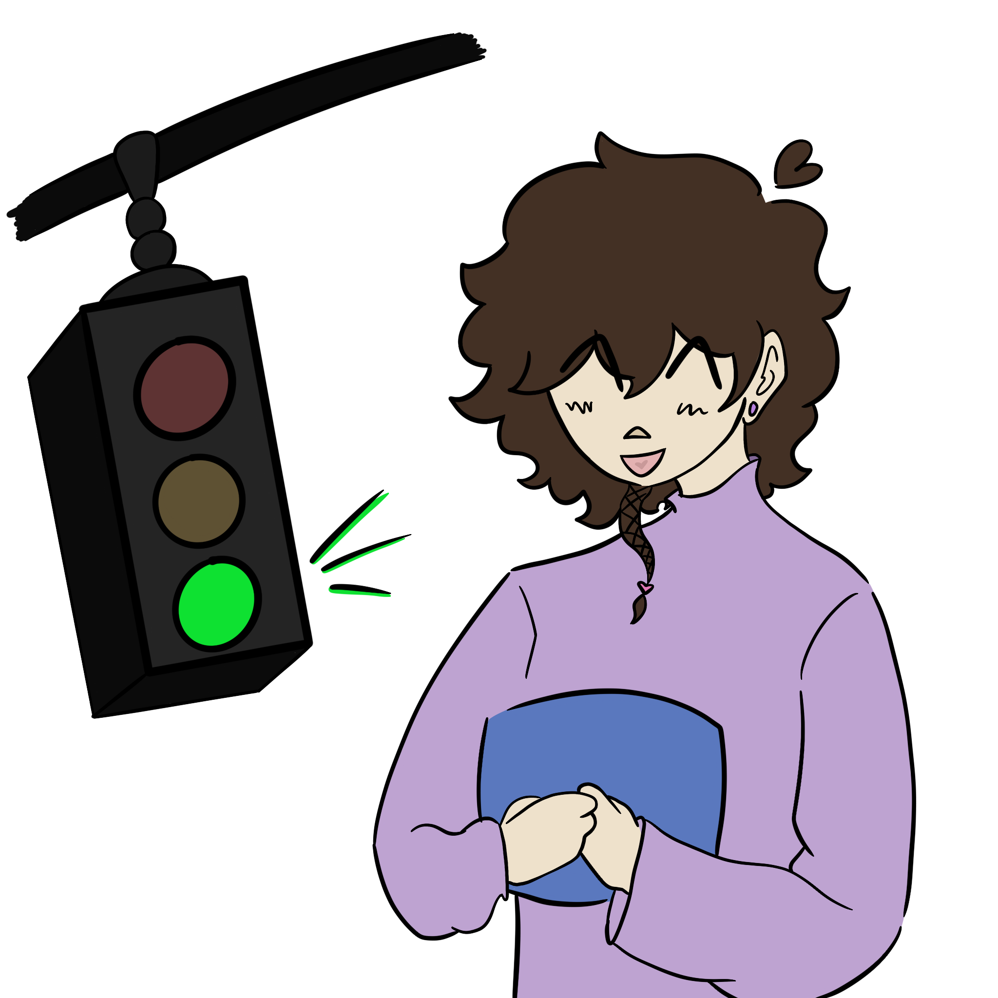 a person with brown hair, standing holding a blue tablet with a stoplight on green, signaling GO